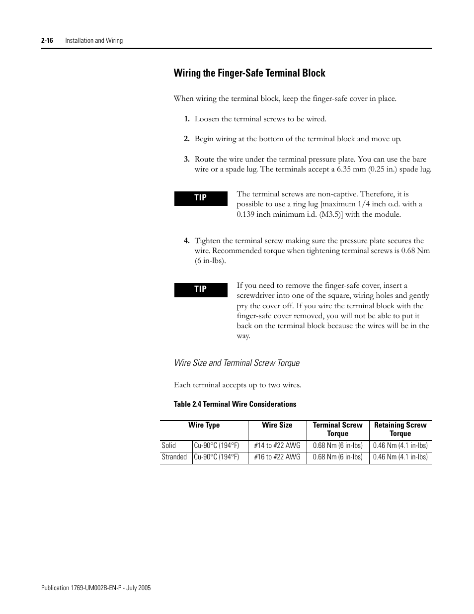 Wire size and terminal screw torque, Wiring the finger-safe terminal block -16, Wiring the finger-safe terminal block | Rockwell Automation 1769-OF2 Compact I/O Analog Modules User Manual | Page 40 / 184