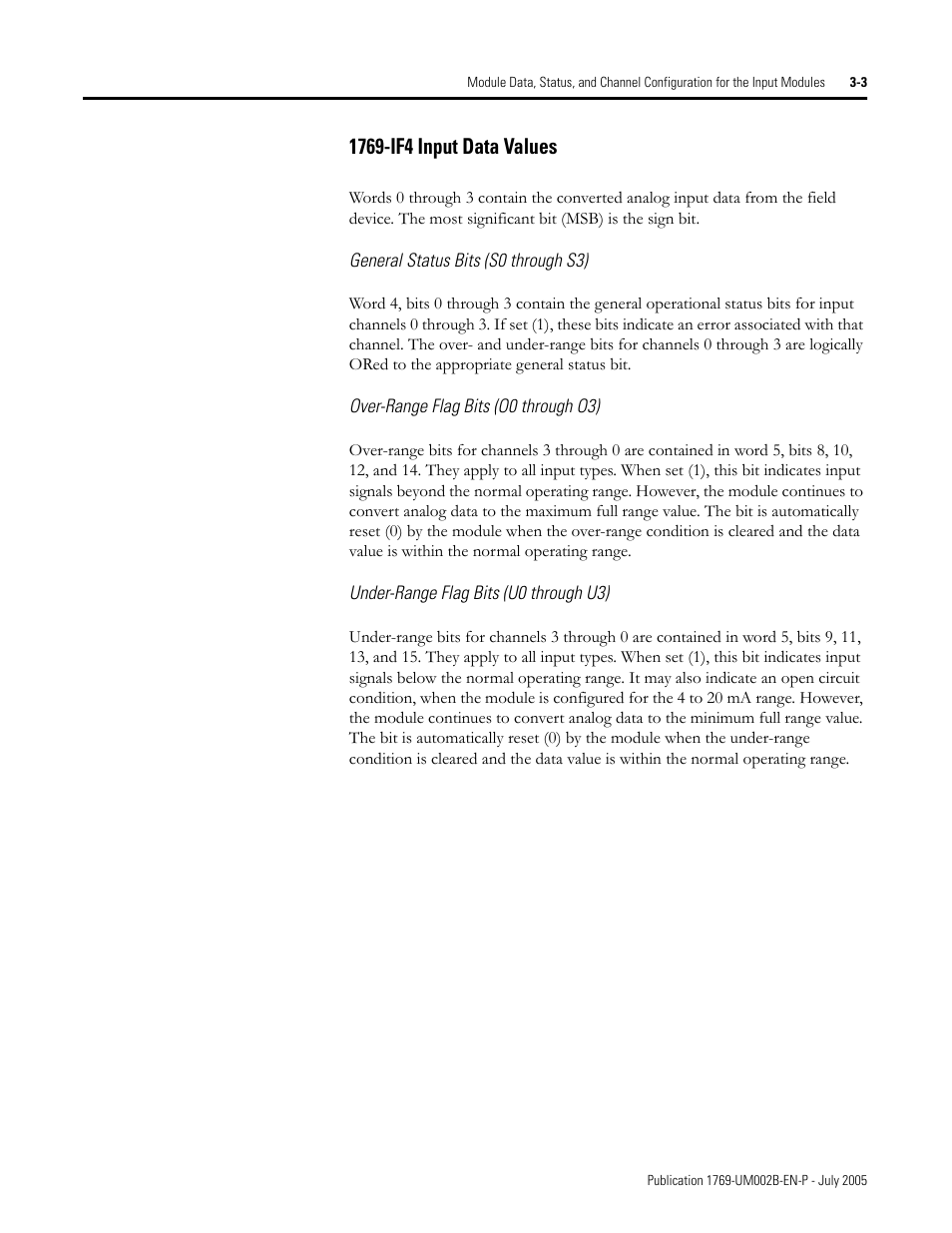 General status bits (s0 through s3), Over-range flag bits (o0 through o3), Under-range flag bits (u0 through u3) | 1769-if4 input data values -3 | Rockwell Automation 1769-OF2 Compact I/O Analog Modules User Manual | Page 53 / 184