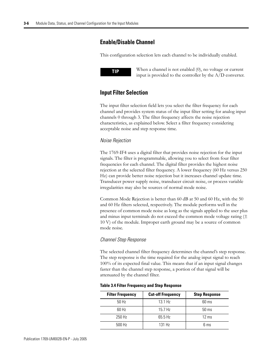 Noise rejection, Channel step response, Enable/disable channel | Input filter selection | Rockwell Automation 1769-OF2 Compact I/O Analog Modules User Manual | Page 56 / 184