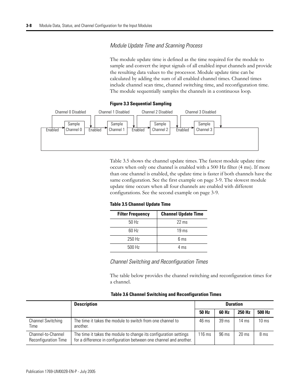 Module update time and scanning process, Channel switching and reconfiguration times | Rockwell Automation 1769-OF2 Compact I/O Analog Modules User Manual | Page 58 / 184