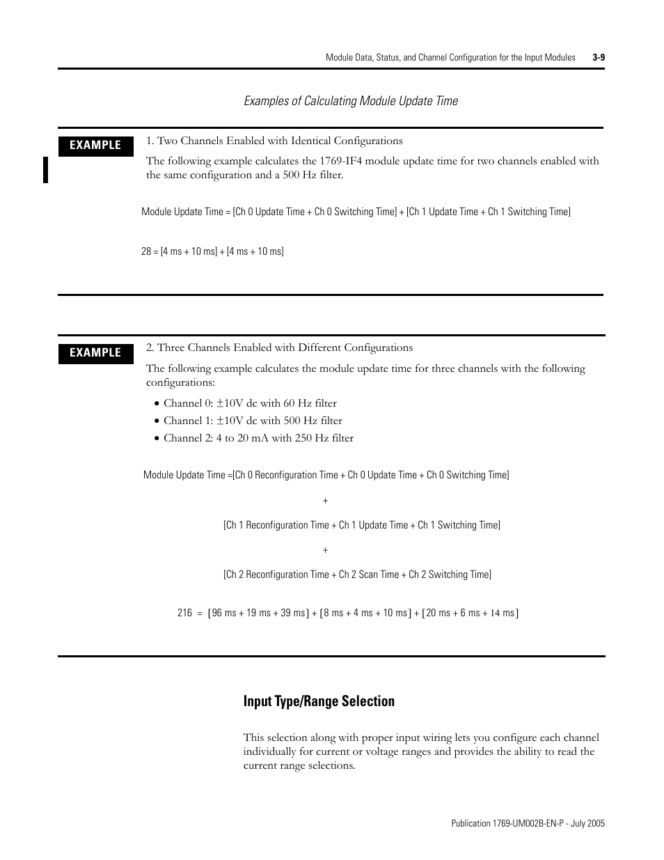 Examples of calculating module update time, Input type/range selection -9, Input type/range selection | Rockwell Automation 1769-OF2 Compact I/O Analog Modules User Manual | Page 59 / 184