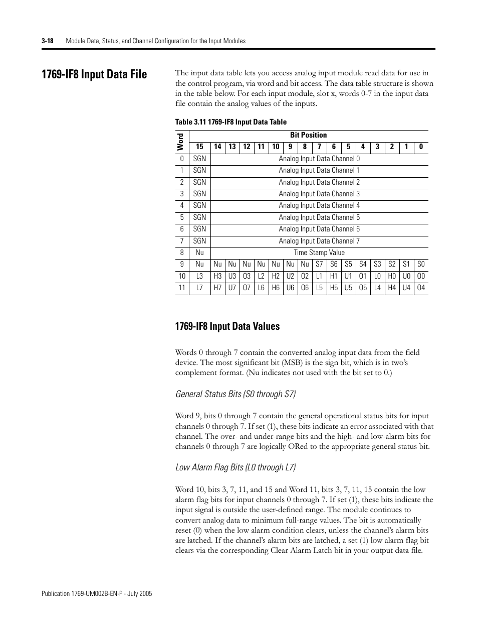 1769-if8 input data file, General status bits (s0 through s7), Low alarm flag bits (l0 through l7) | 1769-if8 input data file -18, 1769-if8 input data values -18 | Rockwell Automation 1769-OF2 Compact I/O Analog Modules User Manual | Page 68 / 184