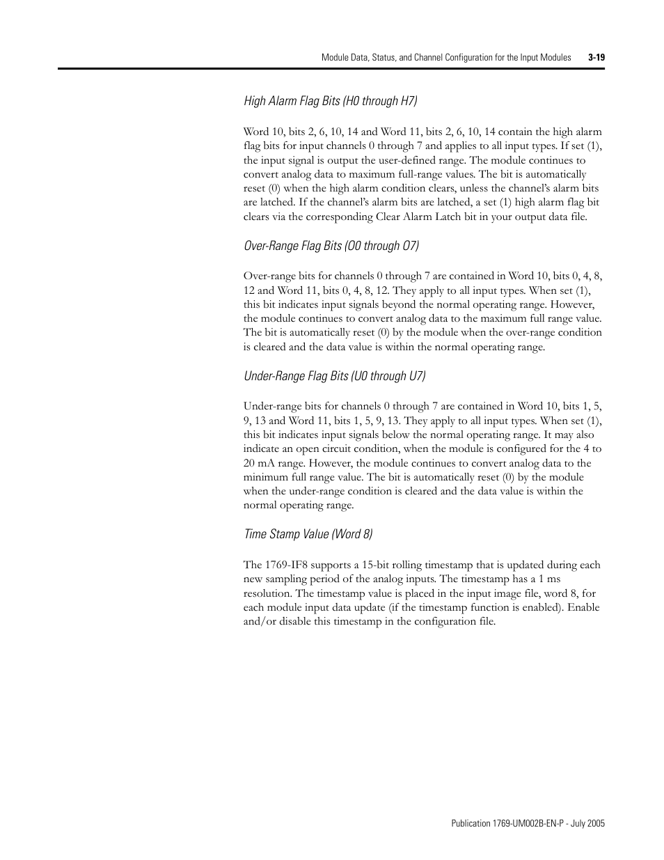 High alarm flag bits (h0 through h7), Over-range flag bits (o0 through o7), Under-range flag bits (u0 through u7) | Time stamp value (word 8) | Rockwell Automation 1769-OF2 Compact I/O Analog Modules User Manual | Page 69 / 184