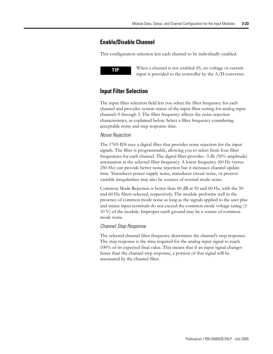 Noise rejection, Channel step response, Enable/disable channel | Input filter selection | Rockwell Automation 1769-OF2 Compact I/O Analog Modules User Manual | Page 73 / 184