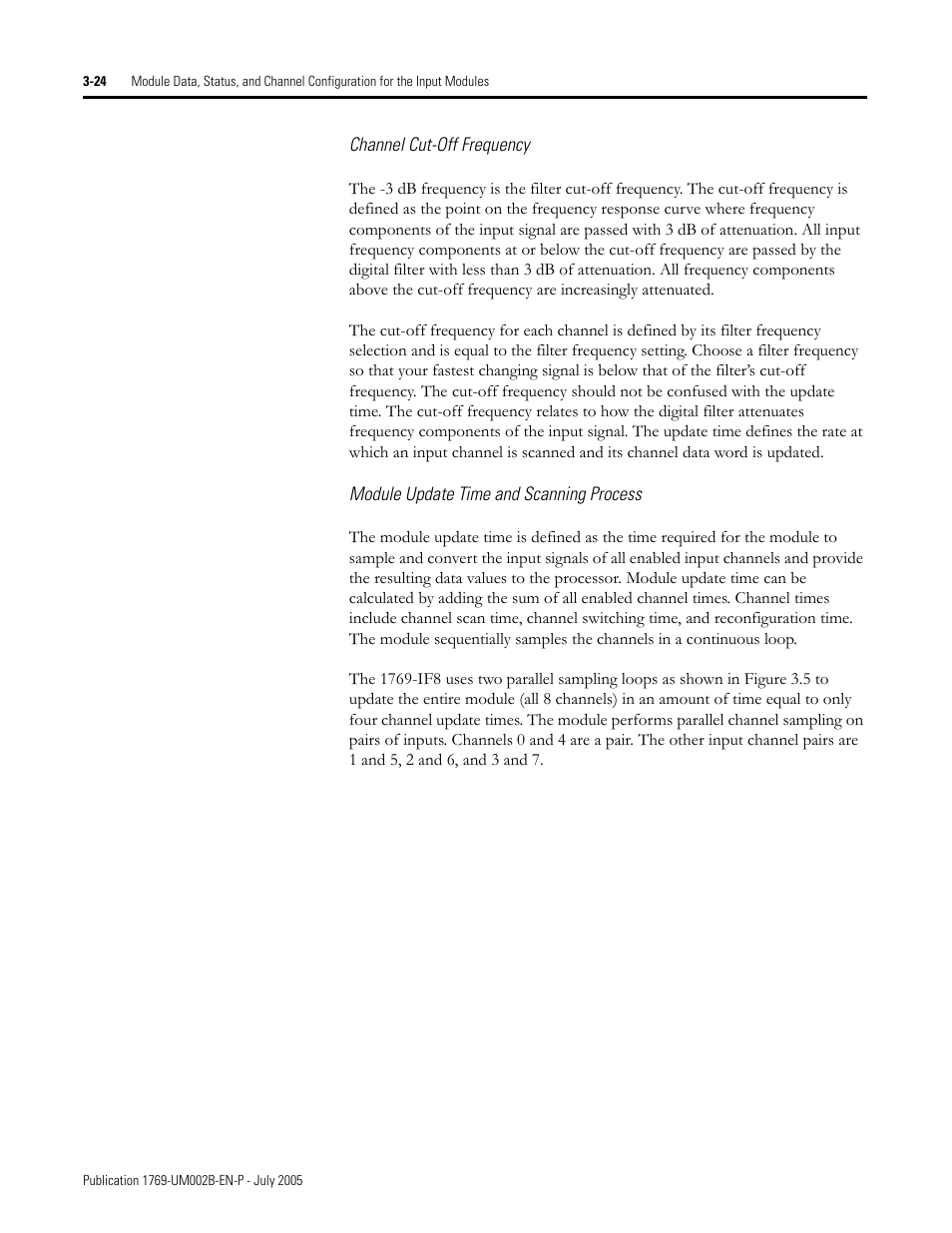 Channel cut-off frequency, Module update time and scanning process | Rockwell Automation 1769-OF2 Compact I/O Analog Modules User Manual | Page 74 / 184