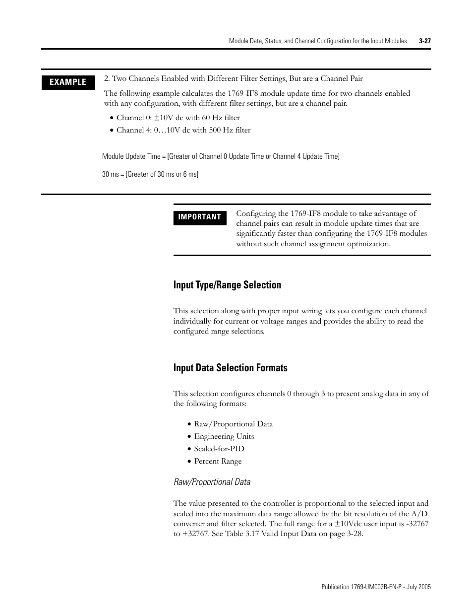 Raw/proportional data, Input type/range selection, Input data selection formats | Rockwell Automation 1769-OF2 Compact I/O Analog Modules User Manual | Page 77 / 184