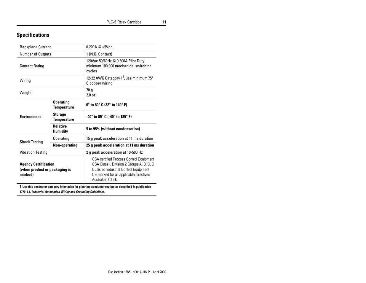 Specifications | Rockwell Automation 1785-RC Application Relay Interface Installation Instruction User Manual | Page 11 / 12