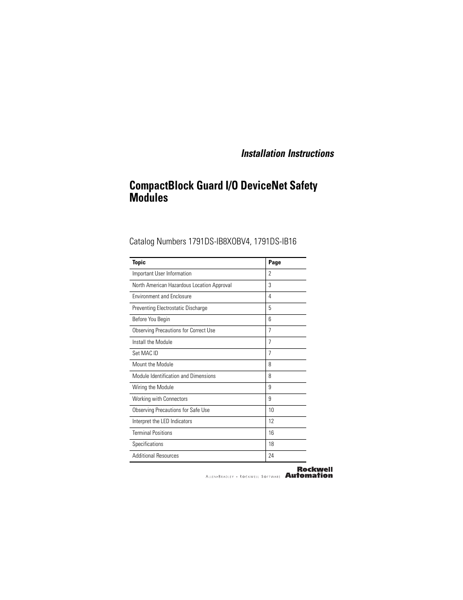 Rockwell Automation 1791DS-IB16 CompactBlock Guard I/O DeviceNet Safety Module  User Manual | 24 pages