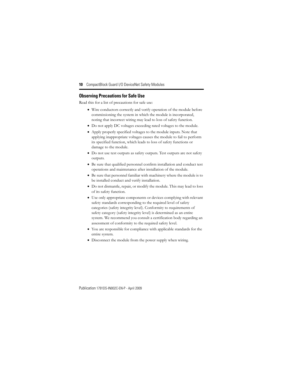 Observing precautions for safe use | Rockwell Automation 1791DS-IB16 CompactBlock Guard I/O DeviceNet Safety Module  User Manual | Page 10 / 24