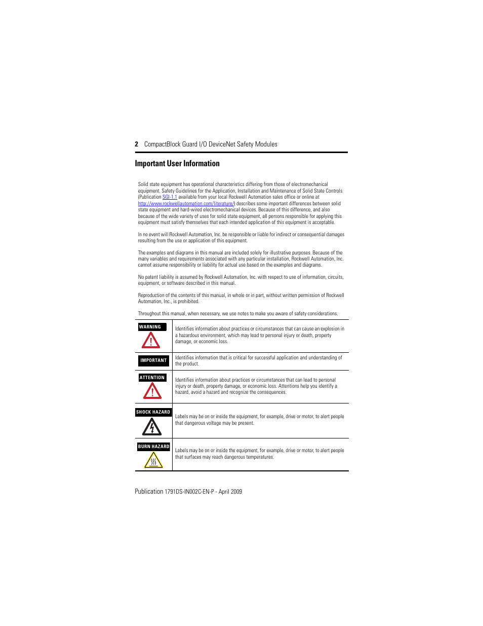 Important user information | Rockwell Automation 1791DS-IB16 CompactBlock Guard I/O DeviceNet Safety Module  User Manual | Page 2 / 24