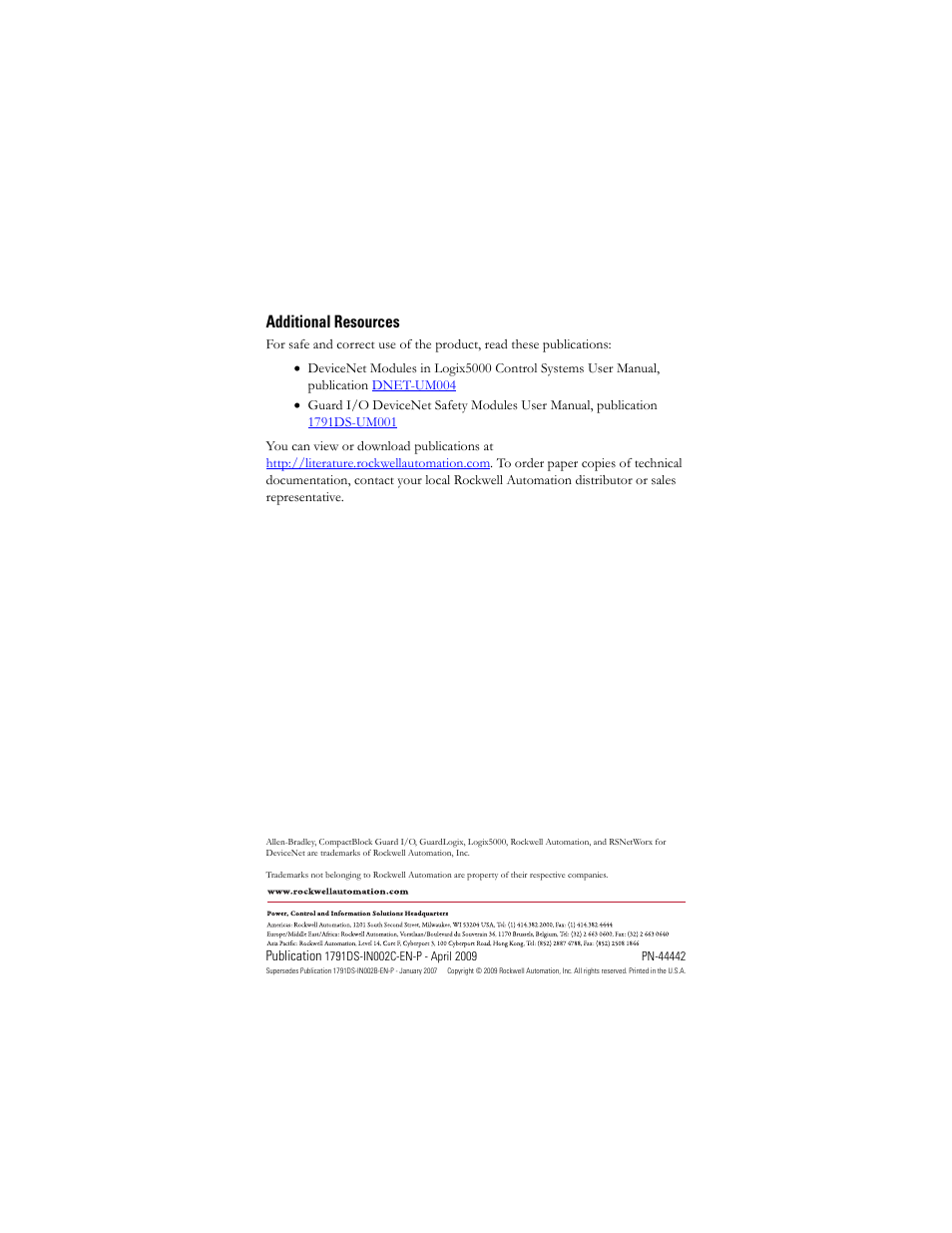 Back cover, Additional resources | Rockwell Automation 1791DS-IB16 CompactBlock Guard I/O DeviceNet Safety Module  User Manual | Page 24 / 24