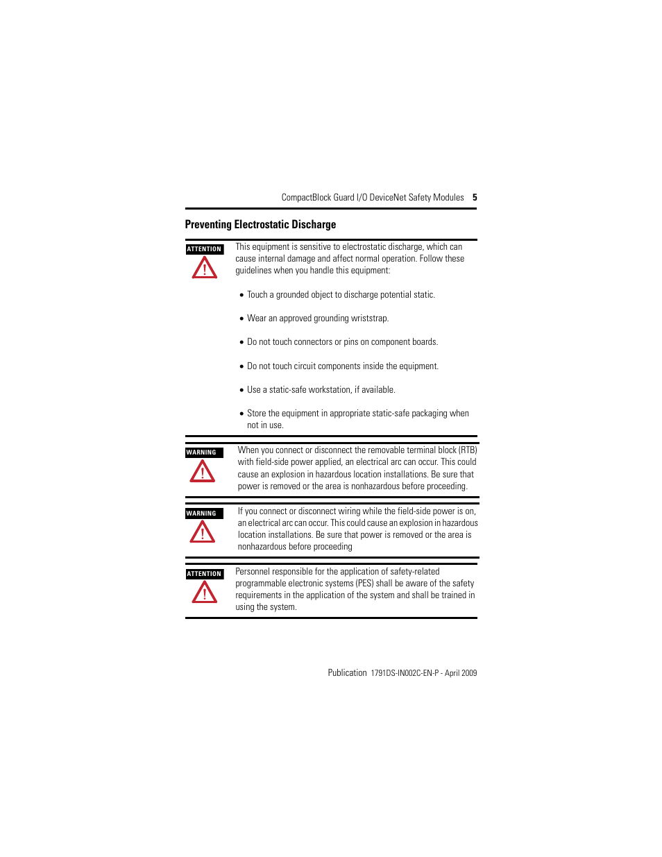 Preventing electrostatic discharge | Rockwell Automation 1791DS-IB16 CompactBlock Guard I/O DeviceNet Safety Module  User Manual | Page 5 / 24