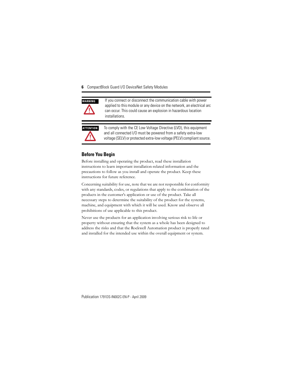 Before you begin | Rockwell Automation 1791DS-IB16 CompactBlock Guard I/O DeviceNet Safety Module  User Manual | Page 6 / 24