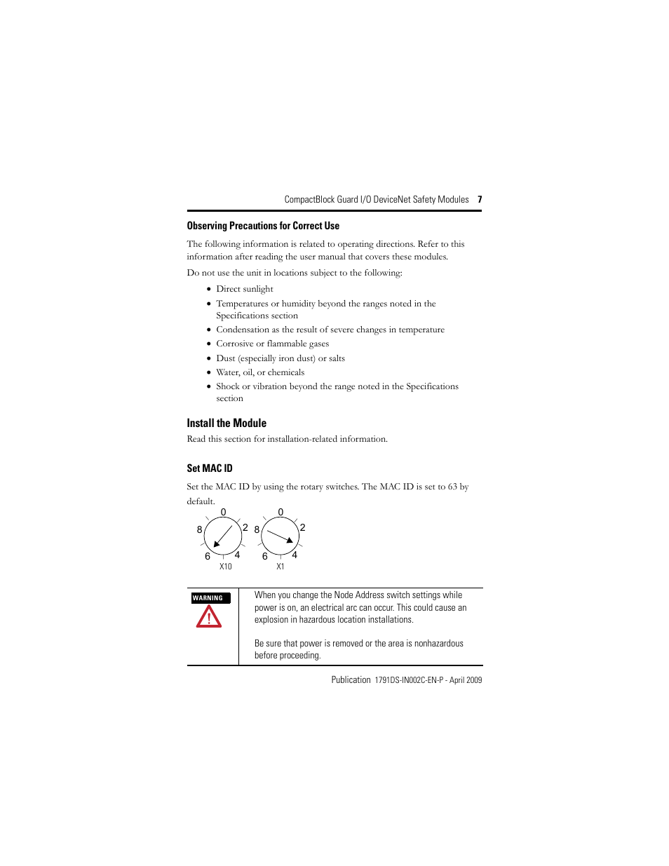 Observing precautions for correct use, Set mac id, Install the module | Rockwell Automation 1791DS-IB16 CompactBlock Guard I/O DeviceNet Safety Module  User Manual | Page 7 / 24