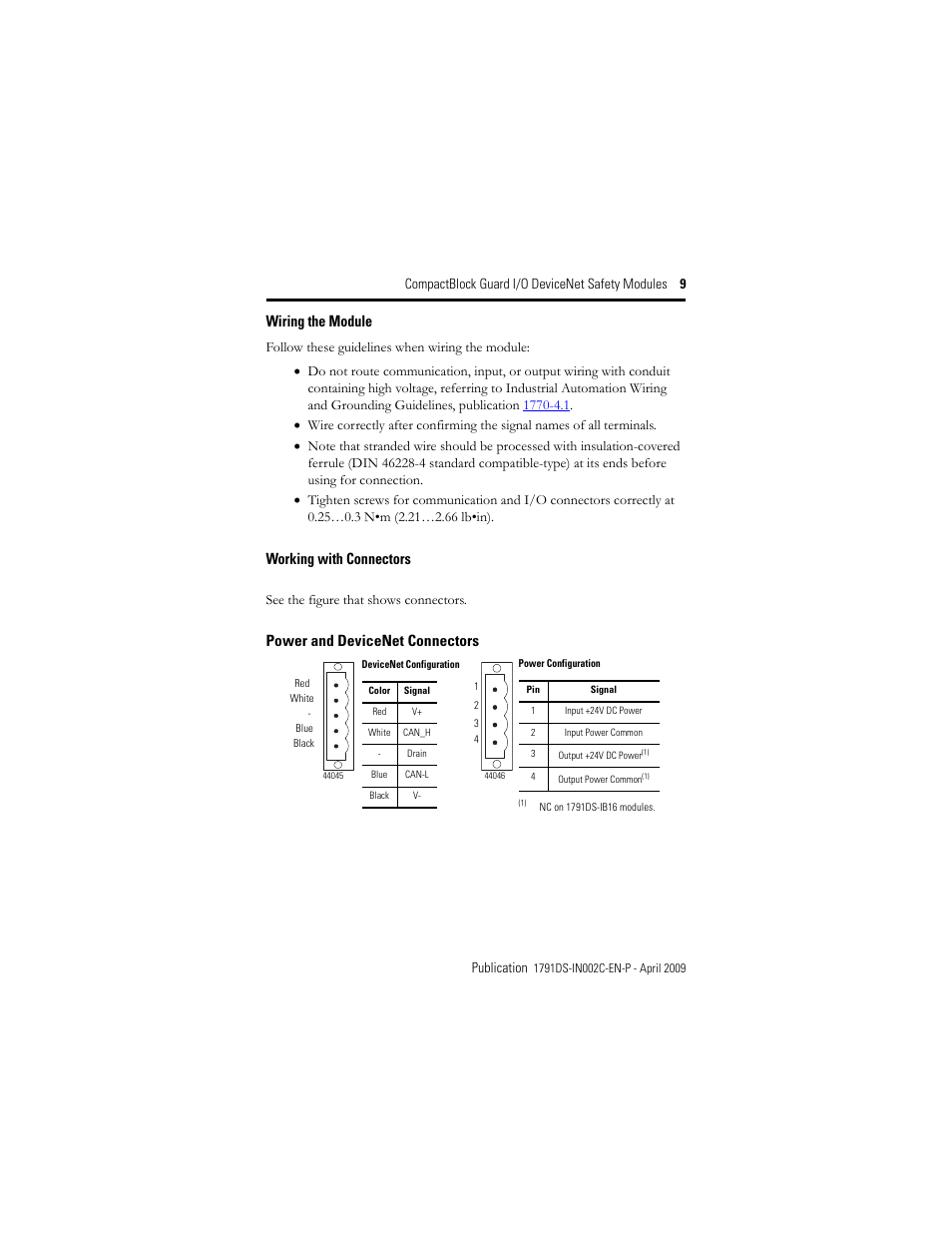 Working with connectors, See the figure that shows connectors, Wiring the module | Power and devicenet connectors | Rockwell Automation 1791DS-IB16 CompactBlock Guard I/O DeviceNet Safety Module  User Manual | Page 9 / 24