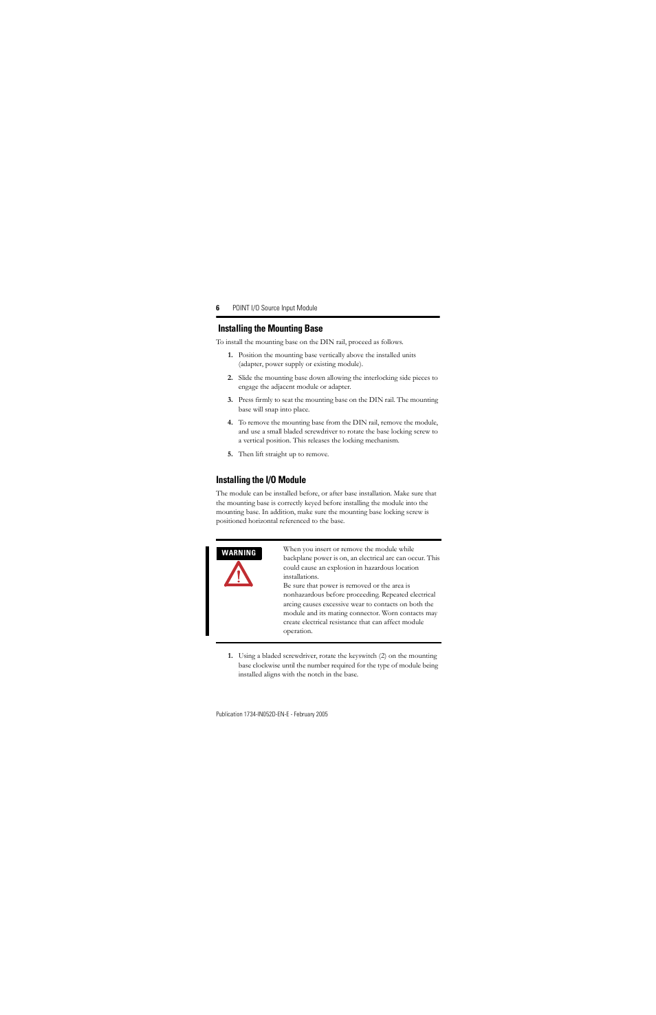 Installing the mounting base, Installing the i/o module | Rockwell Automation 1734-IV4/C Point I/O Source Input Module Installation Instructions User Manual | Page 6 / 24