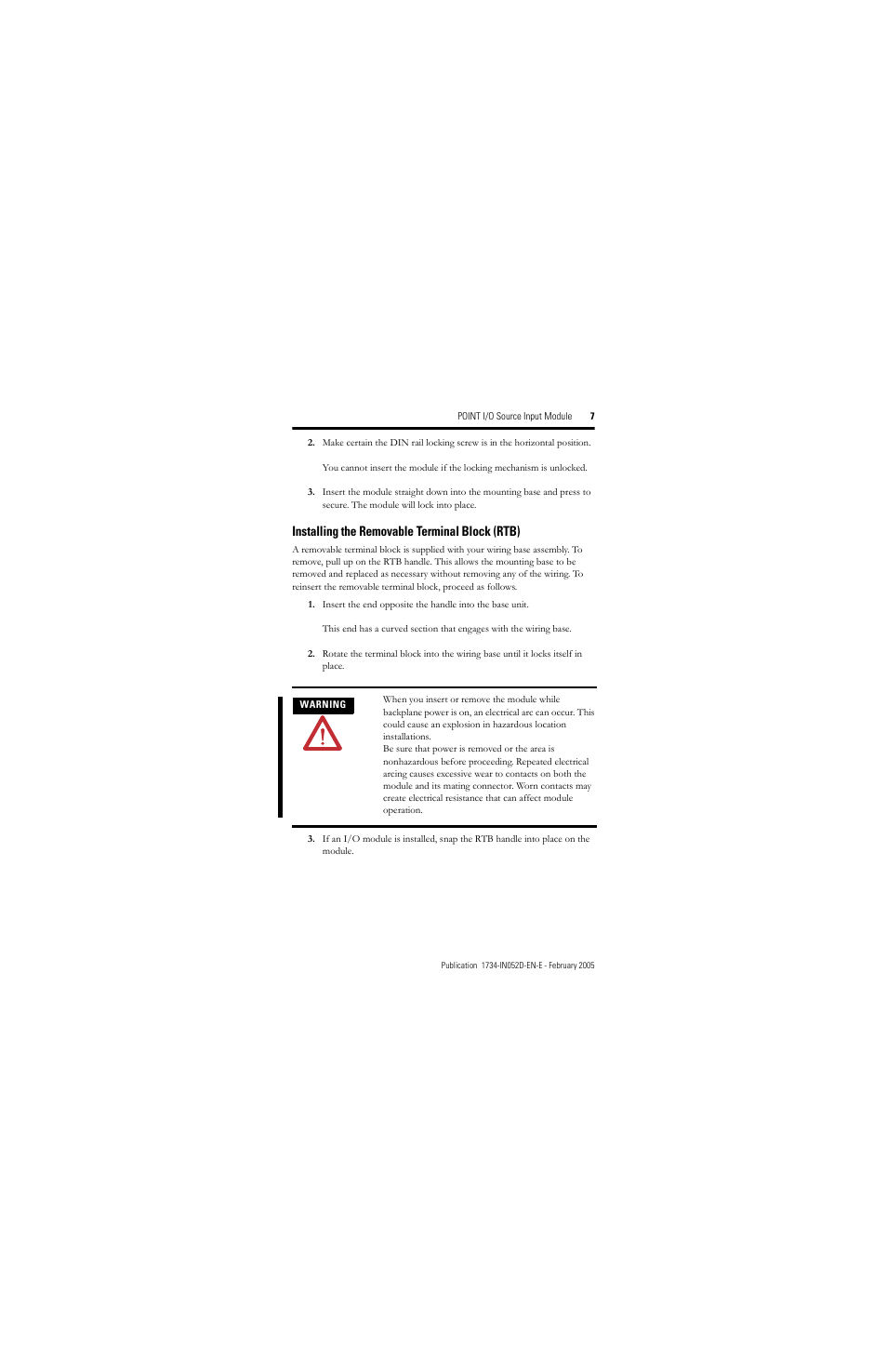 Installing the removable terminal block (rtb) | Rockwell Automation 1734-IV4/C Point I/O Source Input Module Installation Instructions User Manual | Page 7 / 24