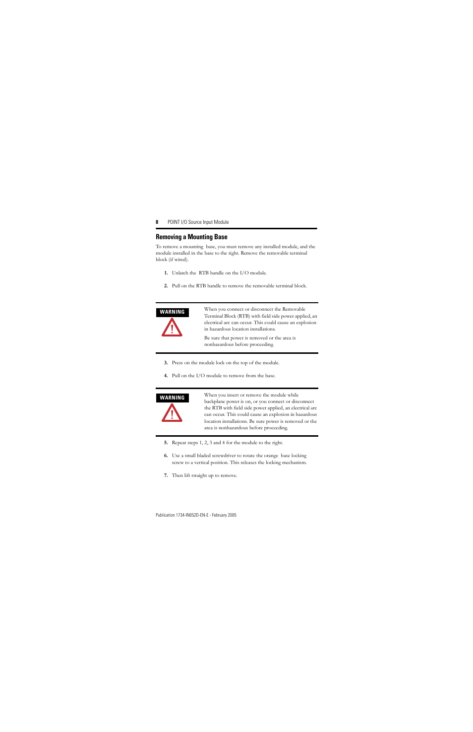Removing a mounting base | Rockwell Automation 1734-IV4/C Point I/O Source Input Module Installation Instructions User Manual | Page 8 / 24