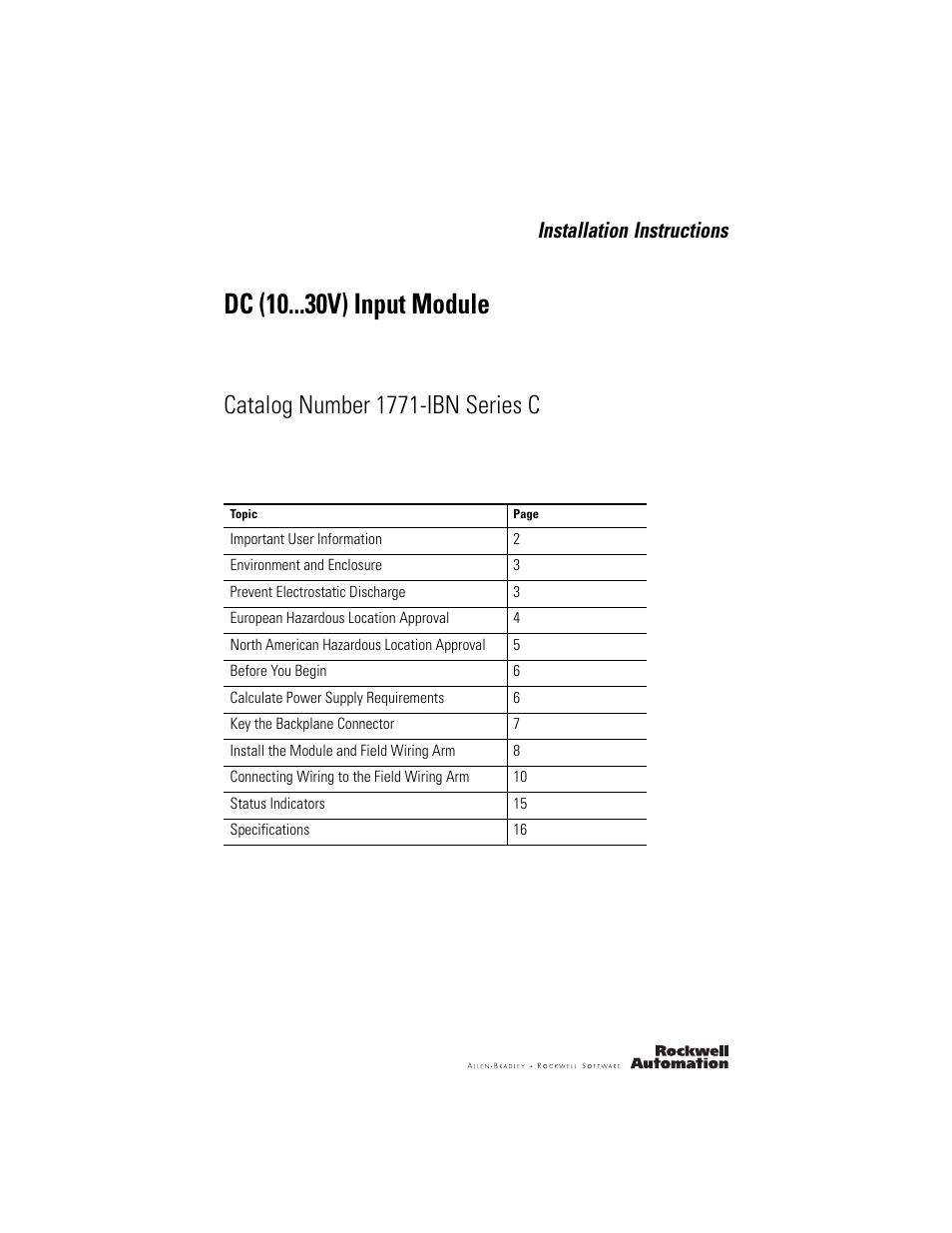 Rockwell Automation 1771-IBN DC (10-30V) INPUT Module Installation Instructions User Manual | 20 pages