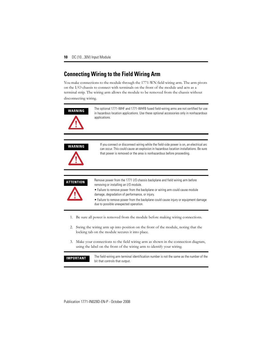 Connecting wiring to the field wiring arm | Rockwell Automation 1771-IBN DC (10-30V) INPUT Module Installation Instructions User Manual | Page 10 / 20