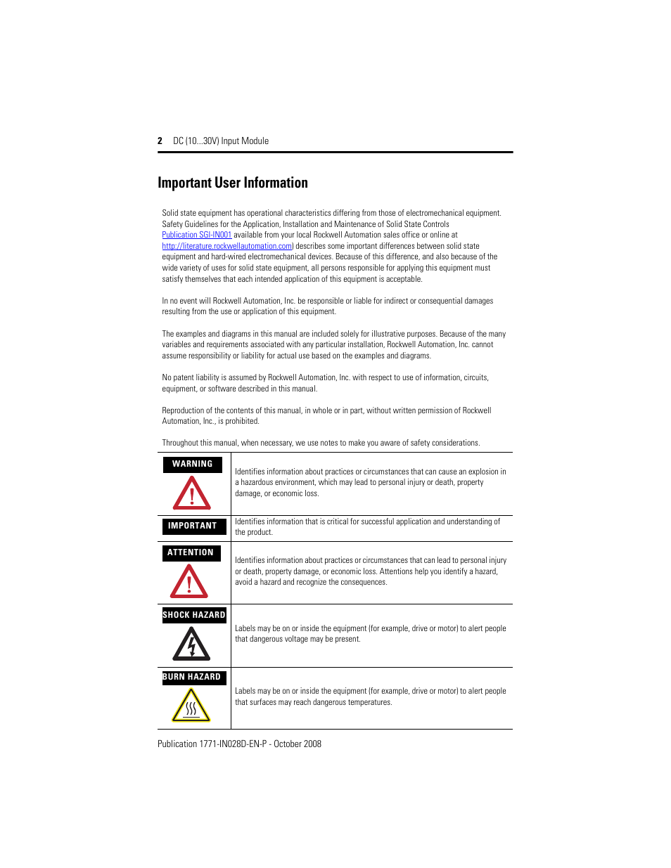 Important user information | Rockwell Automation 1771-IBN DC (10-30V) INPUT Module Installation Instructions User Manual | Page 2 / 20