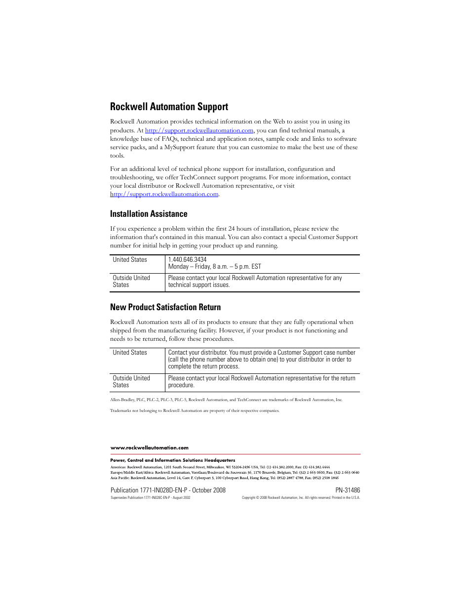 Back cover, Rockwell automation support, Installation assistance | New product satisfaction return | Rockwell Automation 1771-IBN DC (10-30V) INPUT Module Installation Instructions User Manual | Page 20 / 20