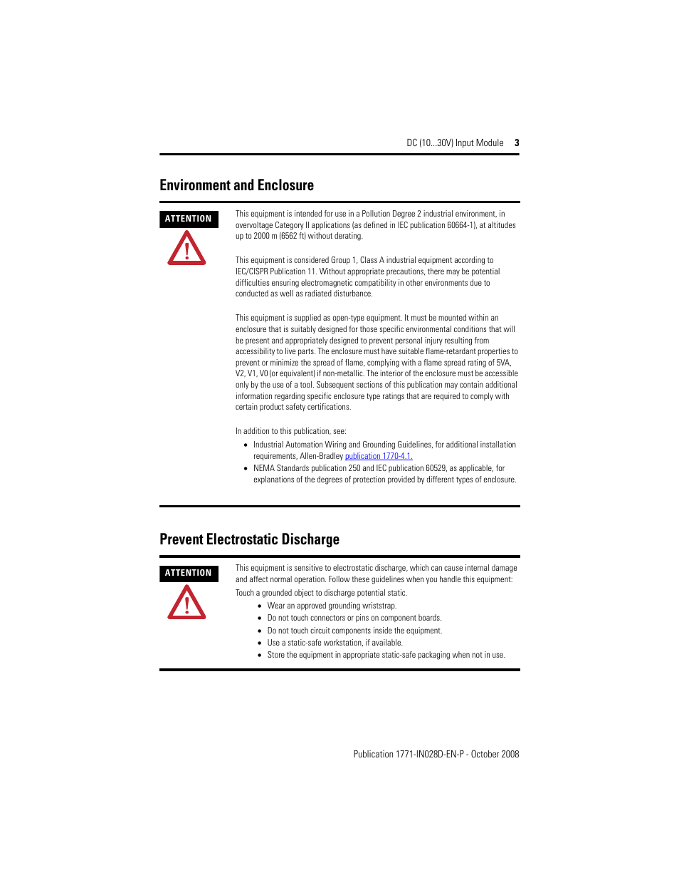 Environment and enclosure, Prevent electrostatic discharge | Rockwell Automation 1771-IBN DC (10-30V) INPUT Module Installation Instructions User Manual | Page 3 / 20