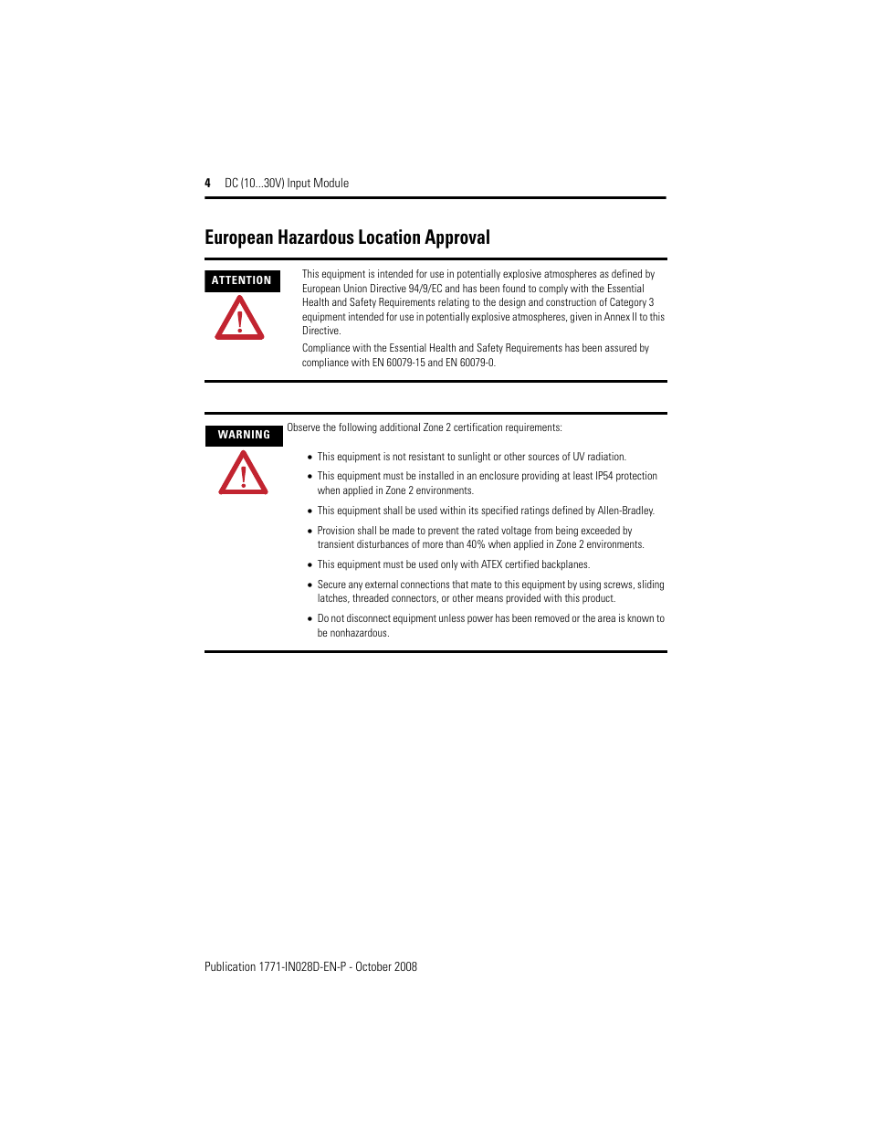 European hazardous location approval | Rockwell Automation 1771-IBN DC (10-30V) INPUT Module Installation Instructions User Manual | Page 4 / 20