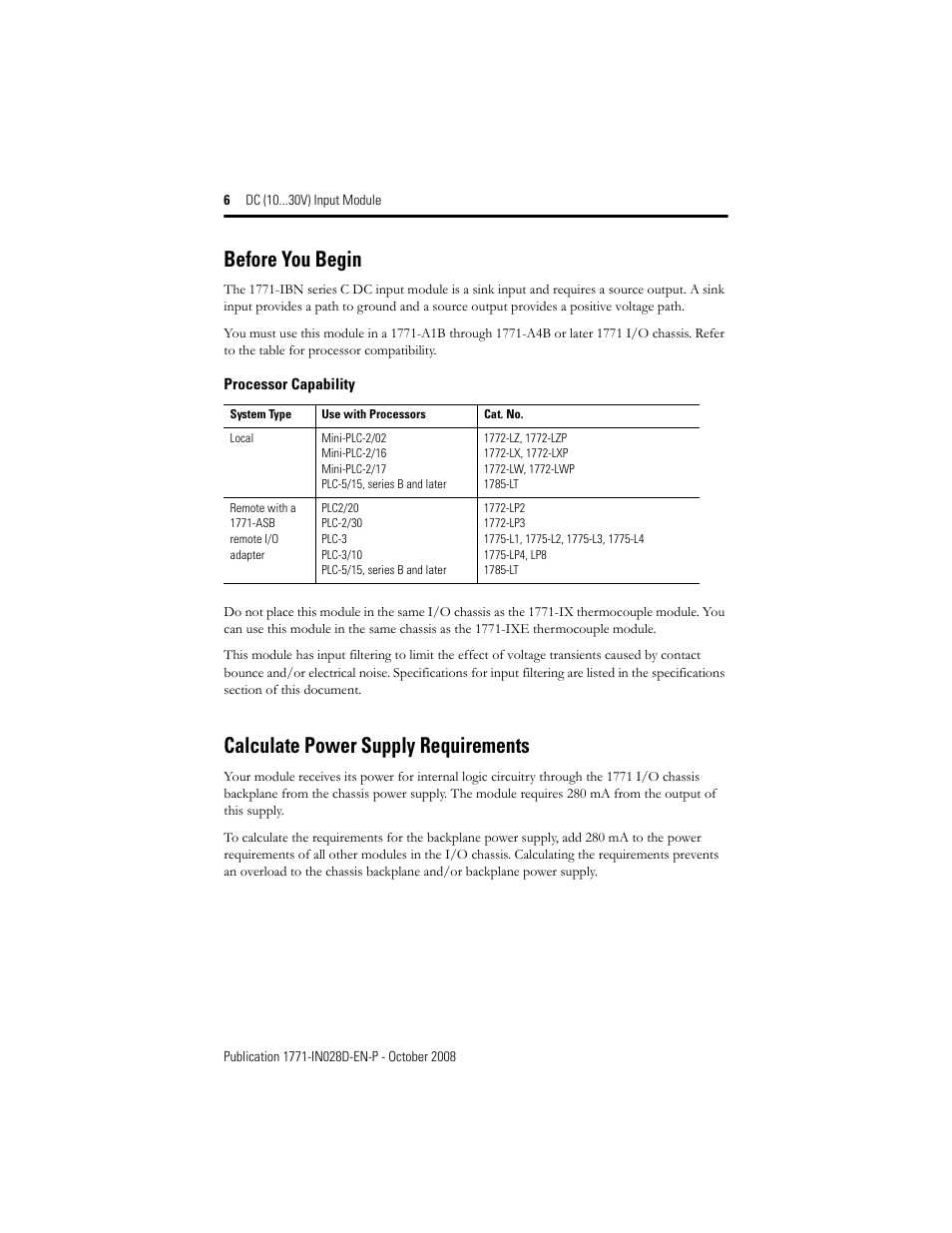 Before you begin, Calculate power supply requirements | Rockwell Automation 1771-IBN DC (10-30V) INPUT Module Installation Instructions User Manual | Page 6 / 20