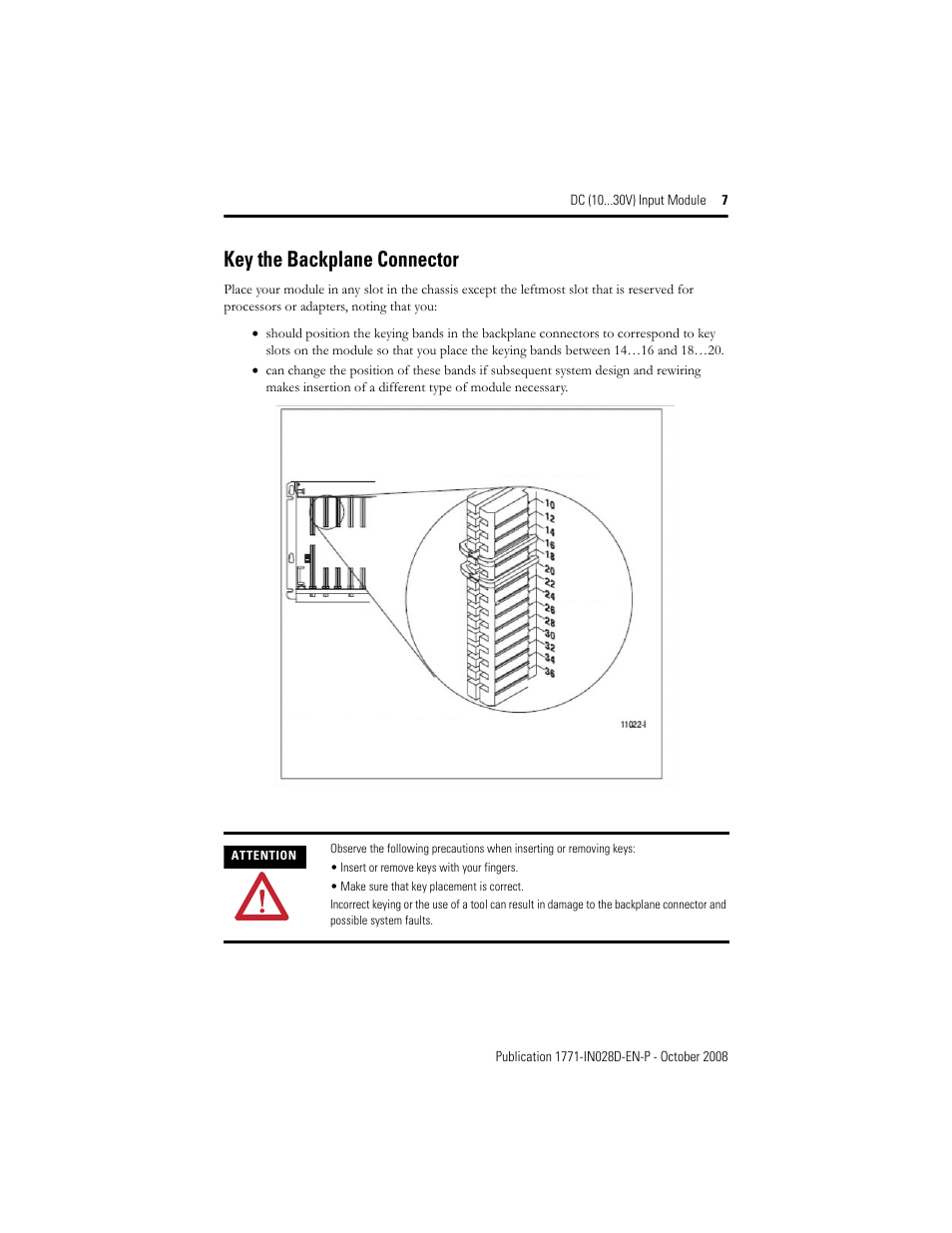 Key the backplane connector | Rockwell Automation 1771-IBN DC (10-30V) INPUT Module Installation Instructions User Manual | Page 7 / 20