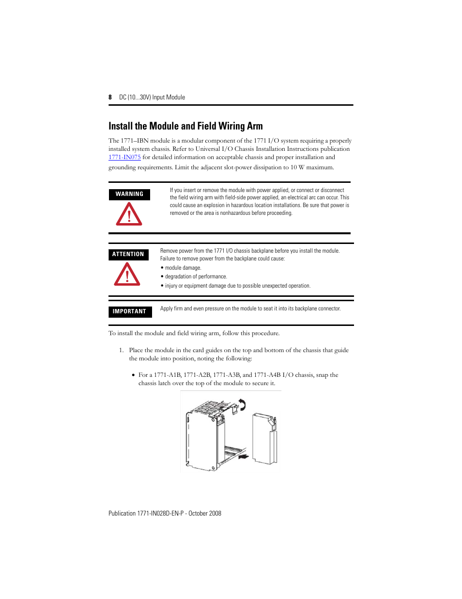 Install the module and field wiring arm | Rockwell Automation 1771-IBN DC (10-30V) INPUT Module Installation Instructions User Manual | Page 8 / 20