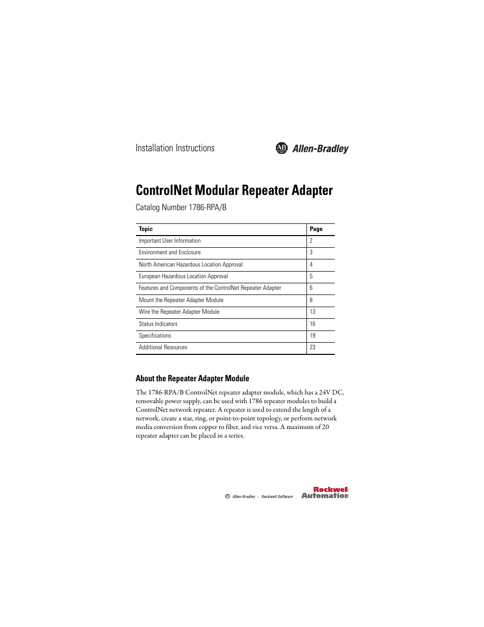 Rockwell Automation 1786-RPA/B ControlNet Modular Repeater Adapter Installation Instructions User Manual | 24 pages