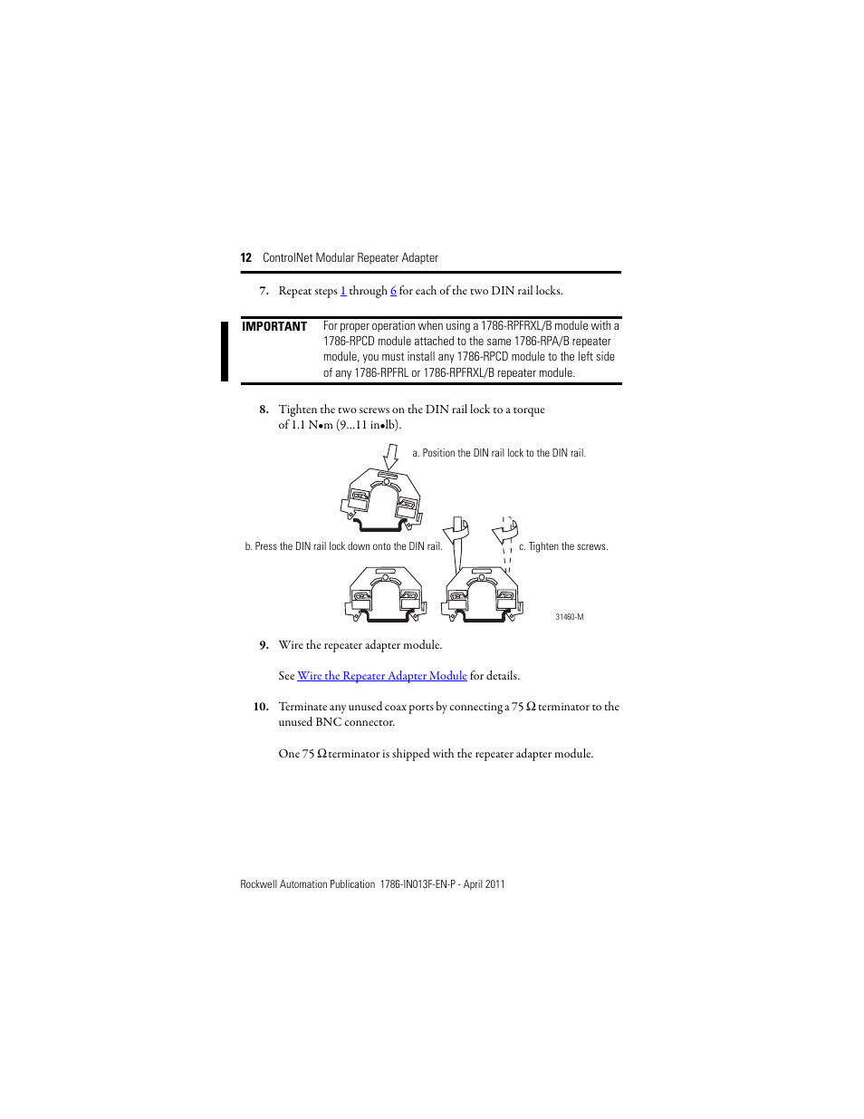 Rockwell Automation 1786-RPA/B ControlNet Modular Repeater Adapter Installation Instructions User Manual | Page 12 / 24