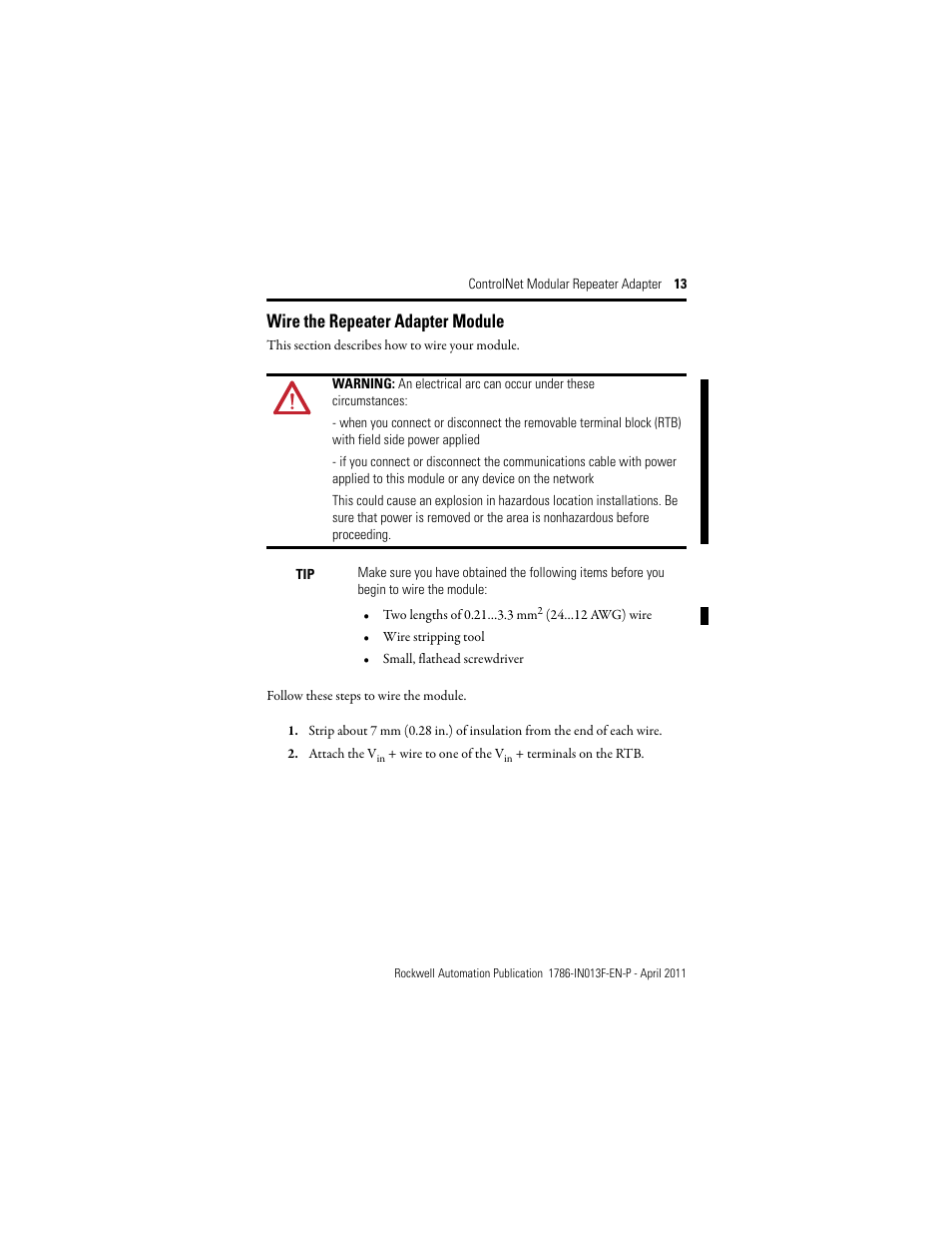 Wire the repeater adapter module | Rockwell Automation 1786-RPA/B ControlNet Modular Repeater Adapter Installation Instructions User Manual | Page 13 / 24