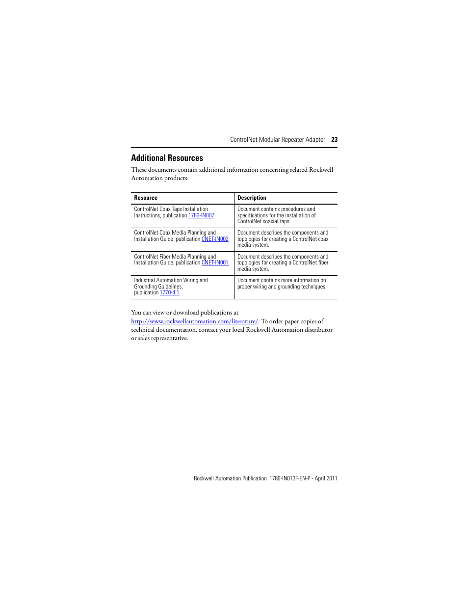 Additional resources | Rockwell Automation 1786-RPA/B ControlNet Modular Repeater Adapter Installation Instructions User Manual | Page 23 / 24