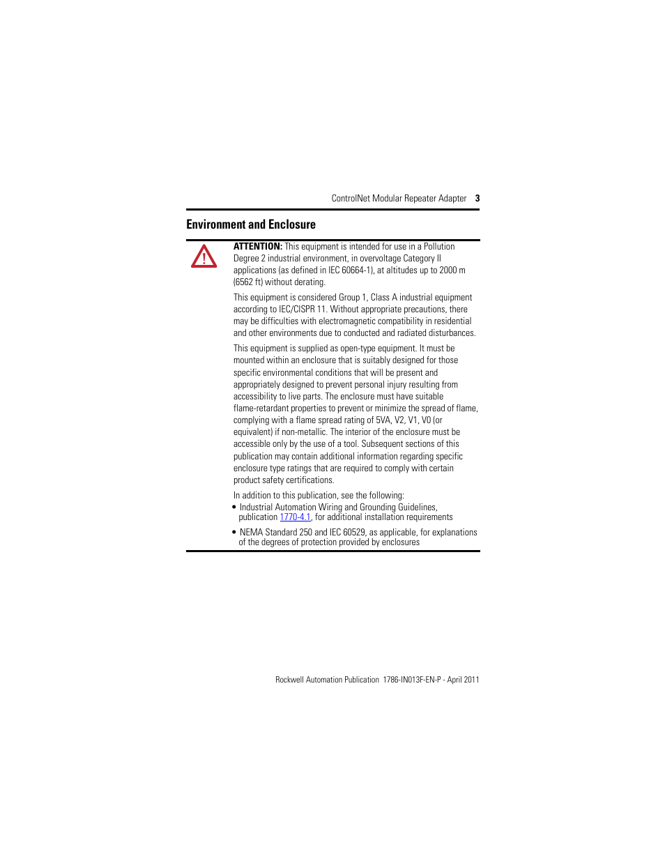 Environment and enclosure | Rockwell Automation 1786-RPA/B ControlNet Modular Repeater Adapter Installation Instructions User Manual | Page 3 / 24