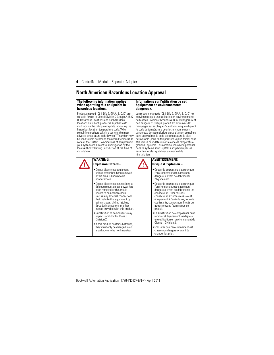 North american hazardous location approval | Rockwell Automation 1786-RPA/B ControlNet Modular Repeater Adapter Installation Instructions User Manual | Page 4 / 24