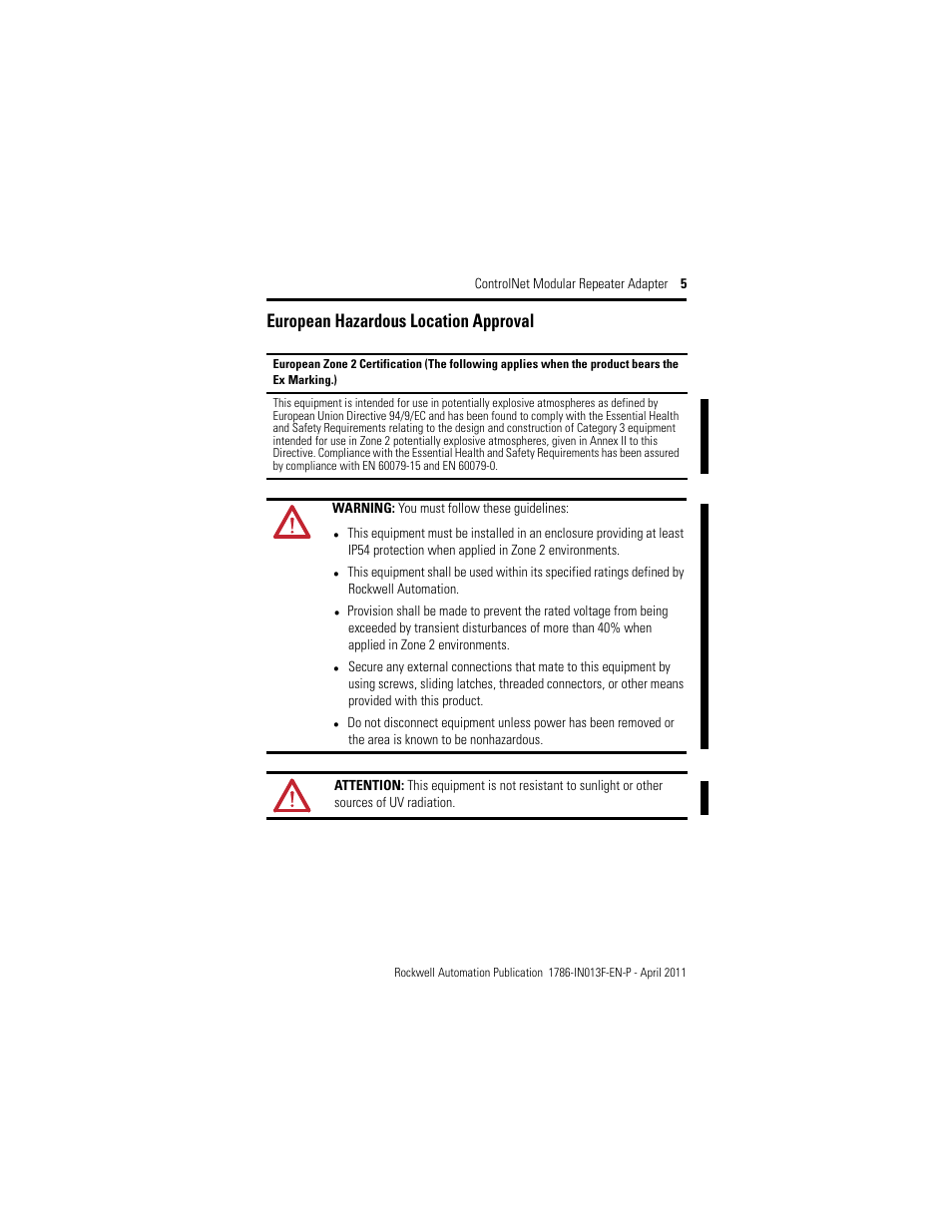 European hazardous location approval | Rockwell Automation 1786-RPA/B ControlNet Modular Repeater Adapter Installation Instructions User Manual | Page 5 / 24