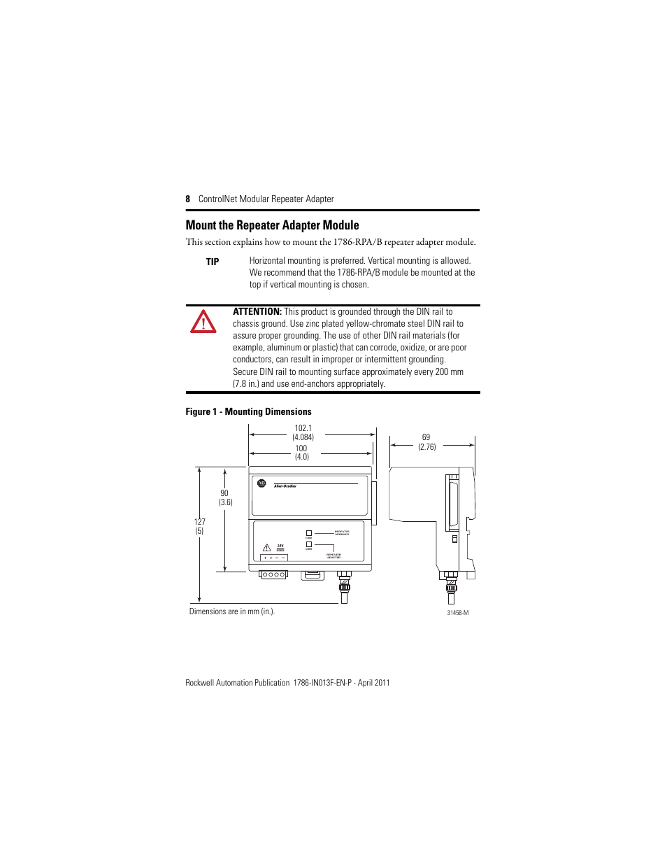 Mount the repeater adapter module, Mounting dimensions | Rockwell Automation 1786-RPA/B ControlNet Modular Repeater Adapter Installation Instructions User Manual | Page 8 / 24