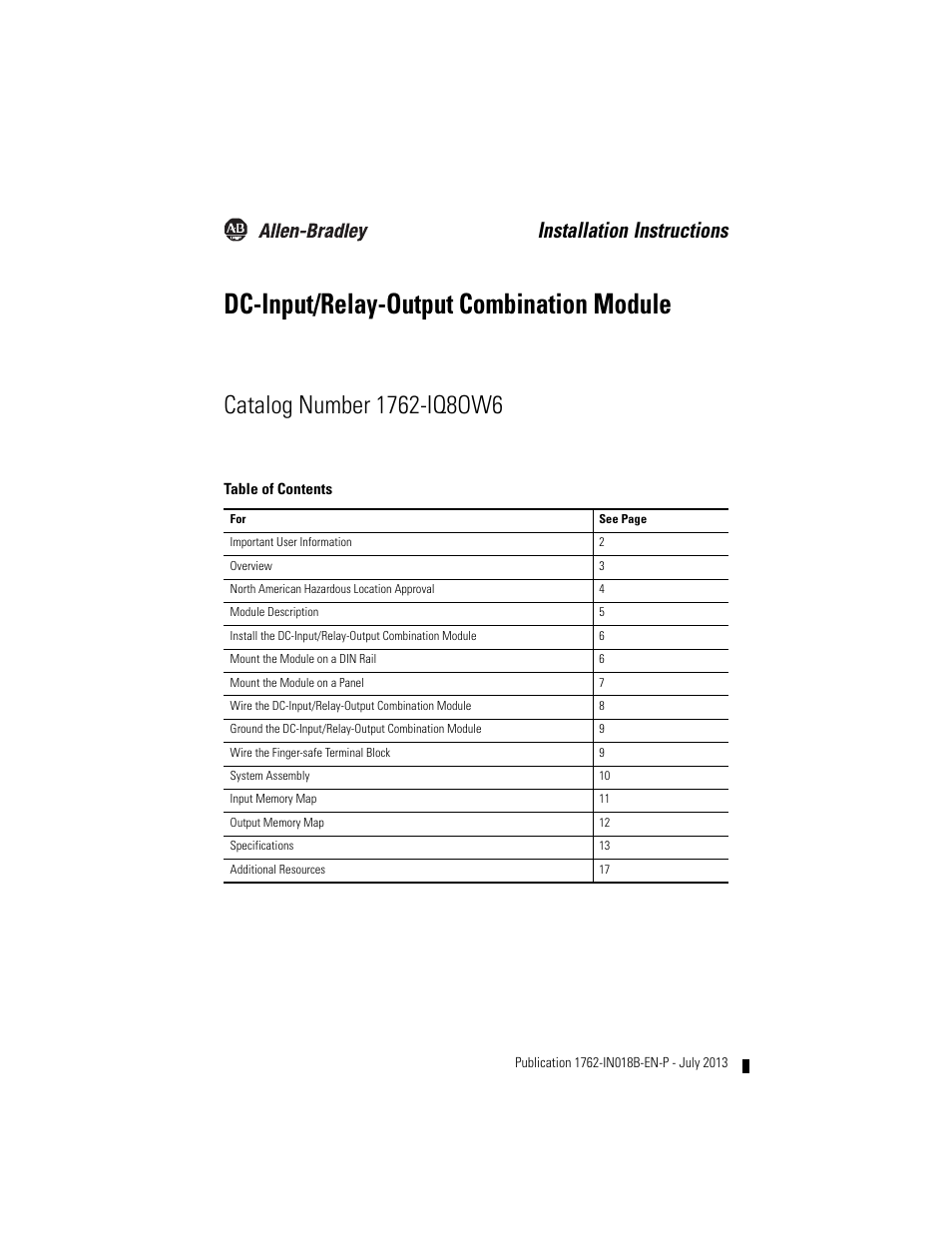 Rockwell Automation 1762-IQ8OW6 DC-Input/Relay-Output Combination Module User Manual | 20 pages