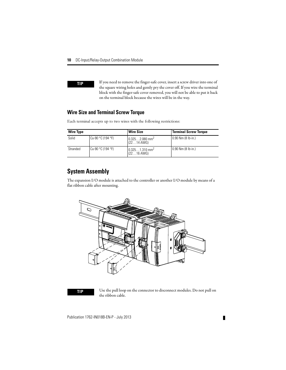 Wire size and terminal screw torque, System assembly | Rockwell Automation 1762-IQ8OW6 DC-Input/Relay-Output Combination Module User Manual | Page 10 / 20