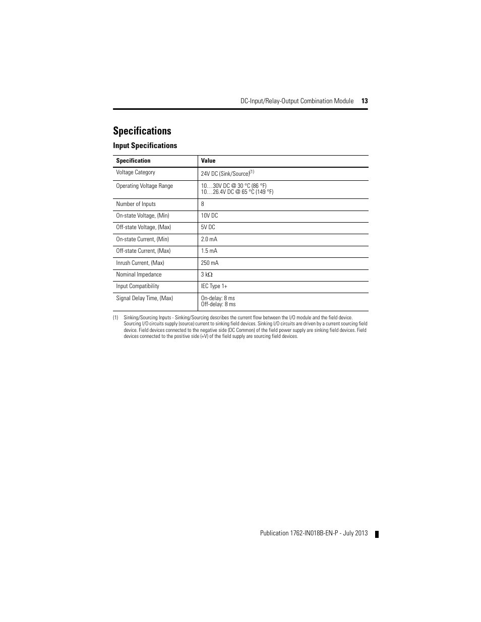 Specifications | Rockwell Automation 1762-IQ8OW6 DC-Input/Relay-Output Combination Module User Manual | Page 13 / 20