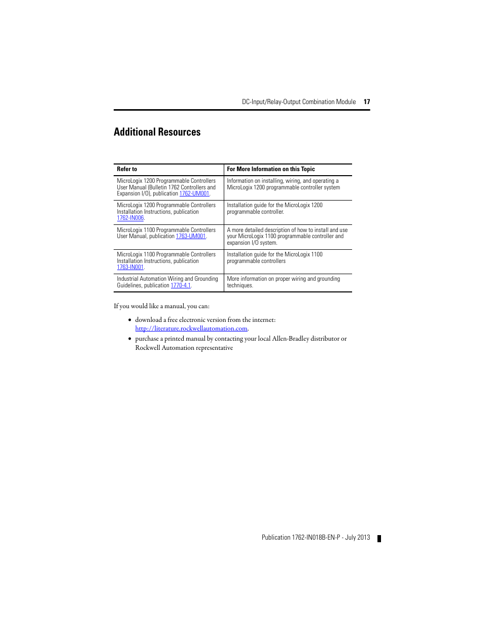 Additional resources | Rockwell Automation 1762-IQ8OW6 DC-Input/Relay-Output Combination Module User Manual | Page 17 / 20