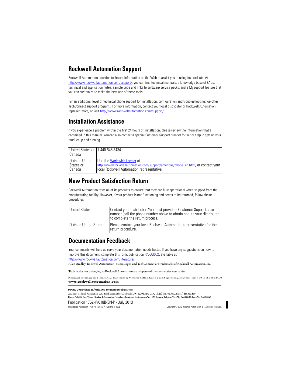 Back cover, Rockwell automation support, Installation assistance | New product satisfaction return, Documentation feedback | Rockwell Automation 1762-IQ8OW6 DC-Input/Relay-Output Combination Module User Manual | Page 20 / 20