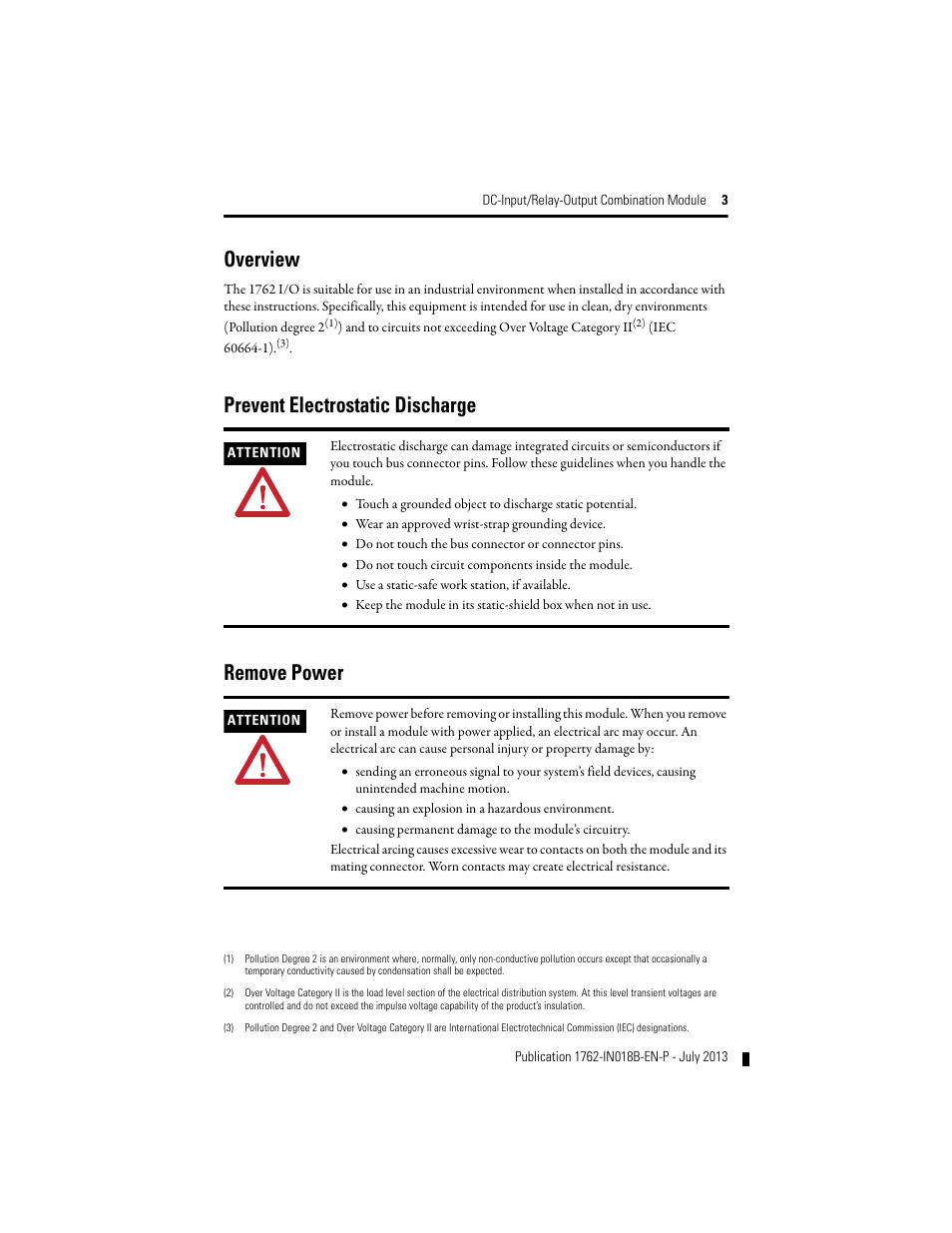 Overview, Prevent electrostatic discharge, Remove power | Prevent electrostatic discharge remove power | Rockwell Automation 1762-IQ8OW6 DC-Input/Relay-Output Combination Module User Manual | Page 3 / 20