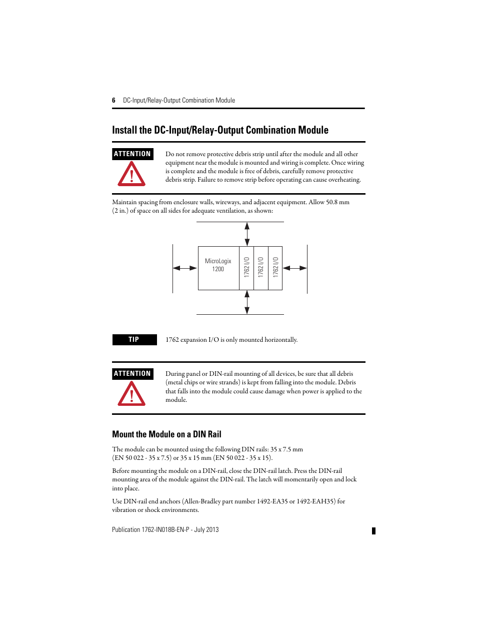 Mount the module on a din rail | Rockwell Automation 1762-IQ8OW6 DC-Input/Relay-Output Combination Module User Manual | Page 6 / 20