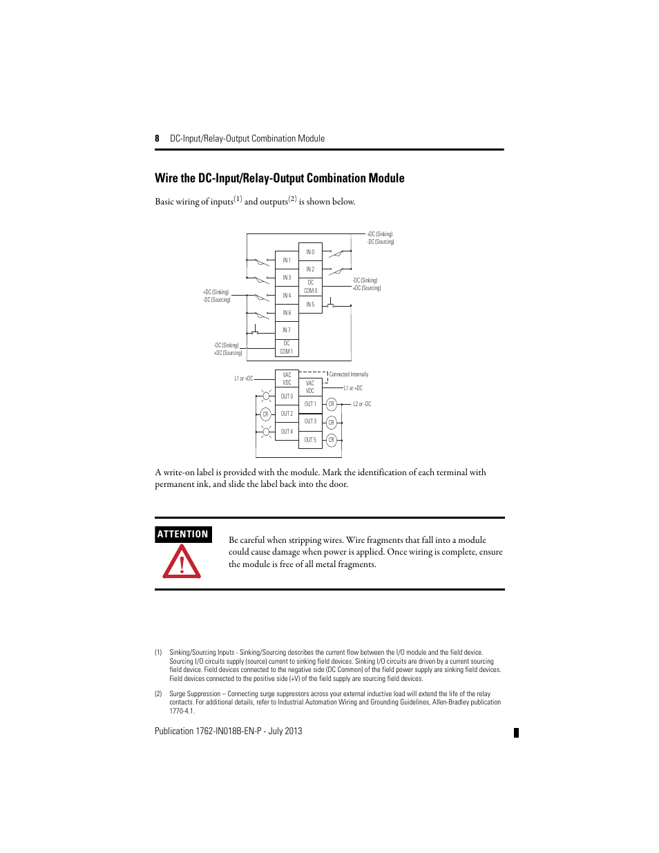 Wire the dc-input/relay-output combination module, Basic wiring of inputs, And outputs | Rockwell Automation 1762-IQ8OW6 DC-Input/Relay-Output Combination Module User Manual | Page 8 / 20