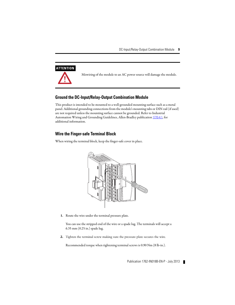 Wire the finger-safe terminal block | Rockwell Automation 1762-IQ8OW6 DC-Input/Relay-Output Combination Module User Manual | Page 9 / 20