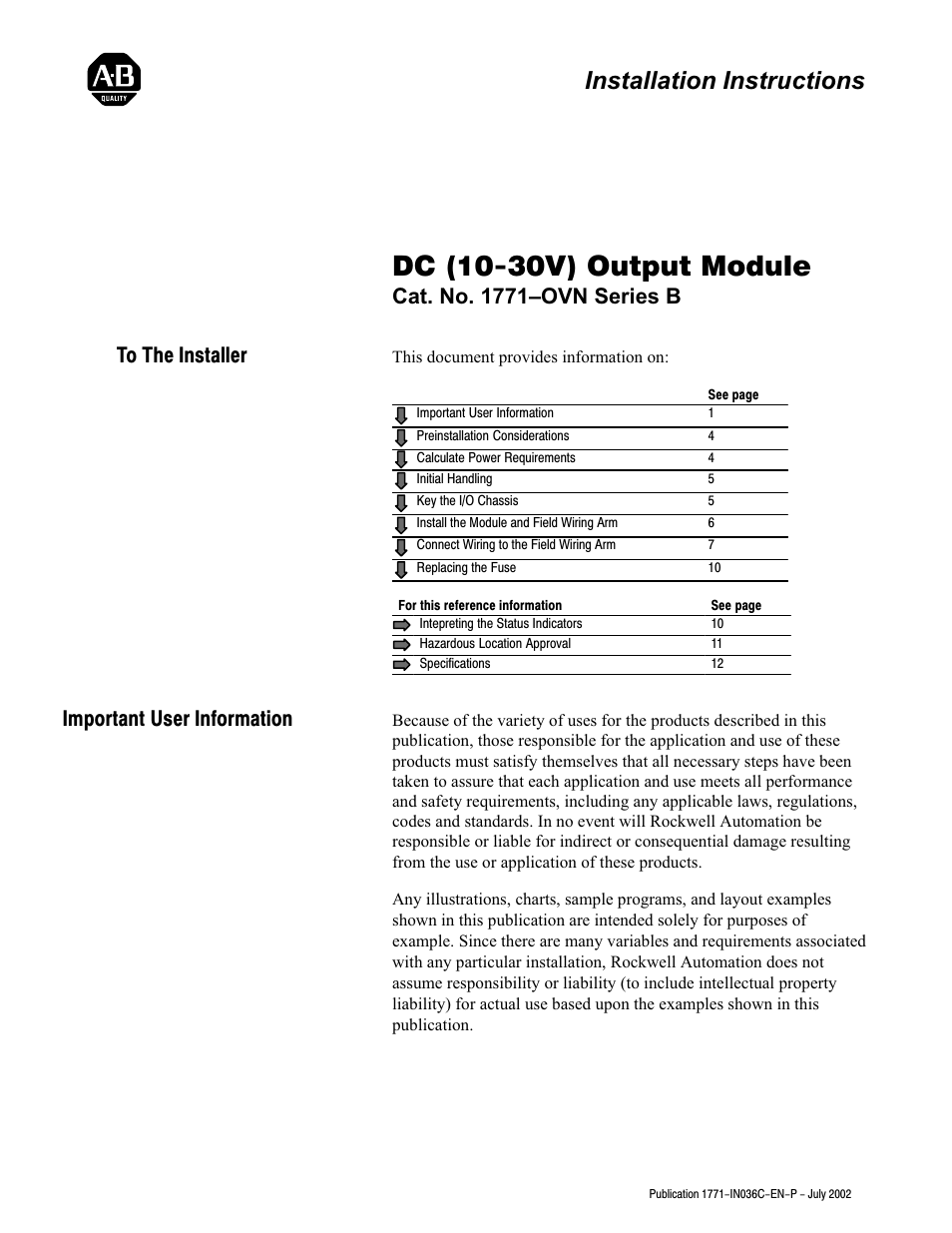 Rockwell Automation 1771-OVN DC Output Mod. Installation Instructions User Manual | 16 pages