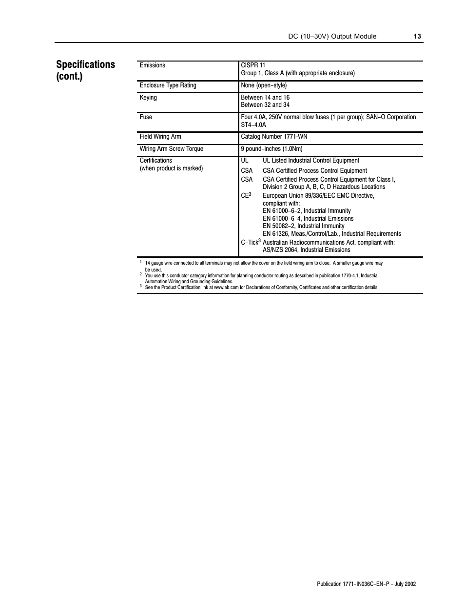 Specifications (cont.) | Rockwell Automation 1771-OVN DC Output Mod. Installation Instructions User Manual | Page 13 / 16